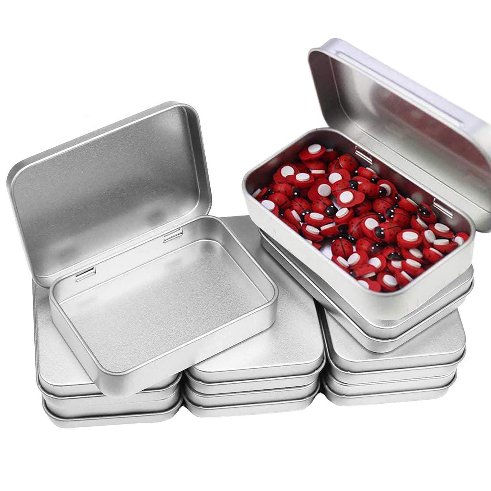 CAILI 8 Pack 4.52 x 3.35 x 0.87 Inch Tins Container Rectangular Hinged Containers Small Storage Kit Silver Metal Empty Mini Portable Tin Box,Jewelery and Storage Tin Kit, Home Organizer