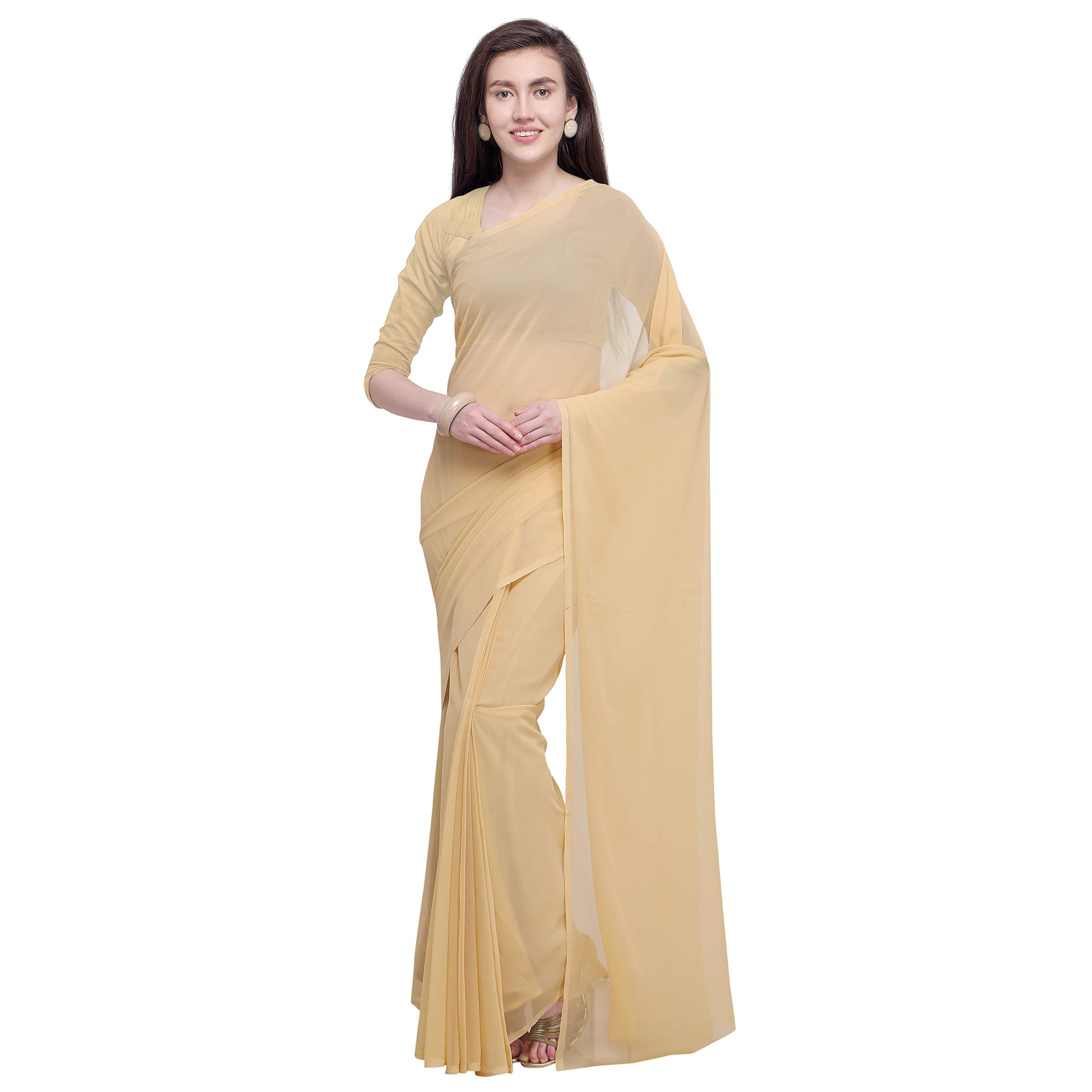 ANANDBeige Plain Georgette Saree with Blouse Piece