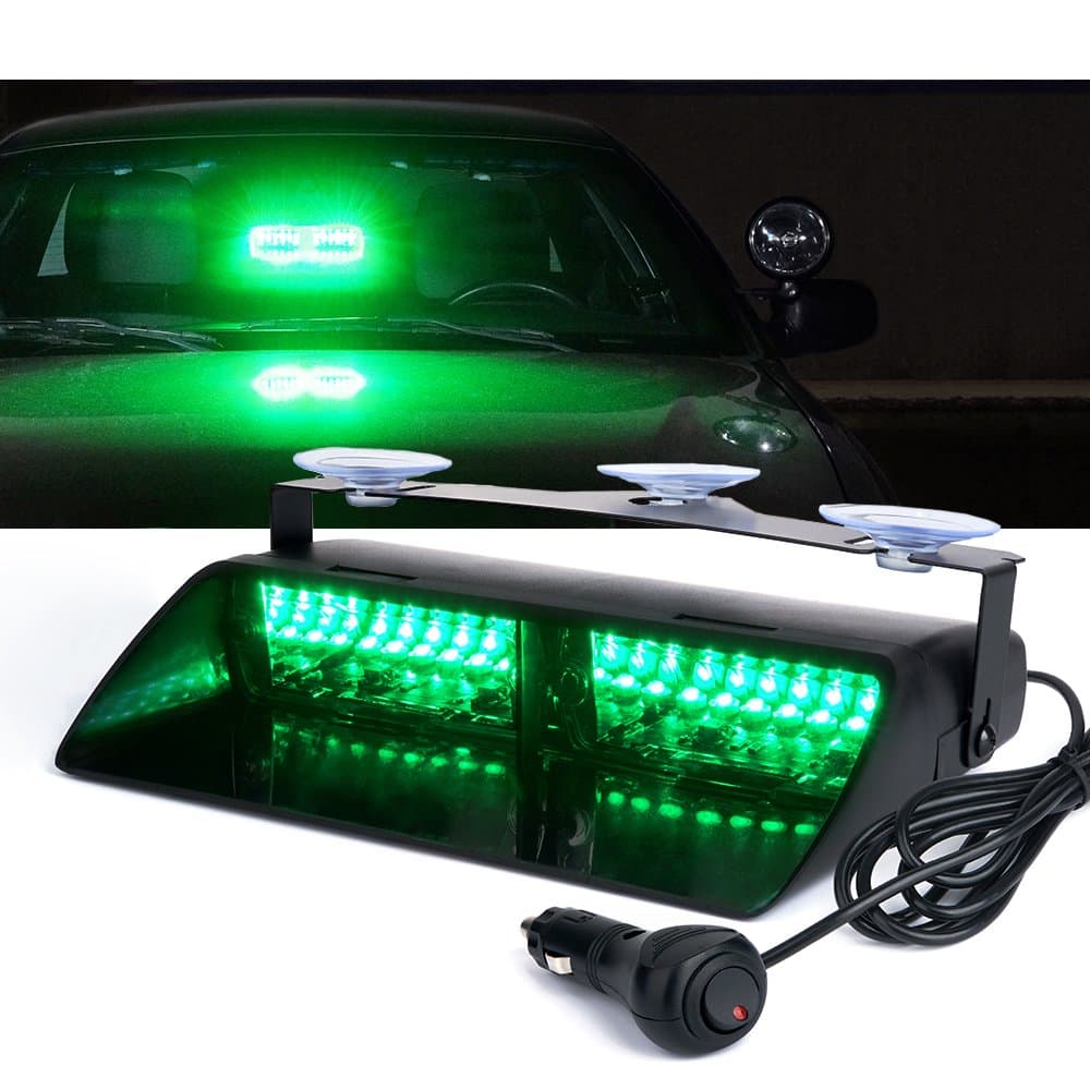Xprite Green LED Emergency Dash Strobe Light, Interior Windshield Safety Warning Traffic Lights w/Suction Cups, 12V Windshield Visor Light Bar for Postal Law Enforcement Volunteer POV Vehicles Trucks