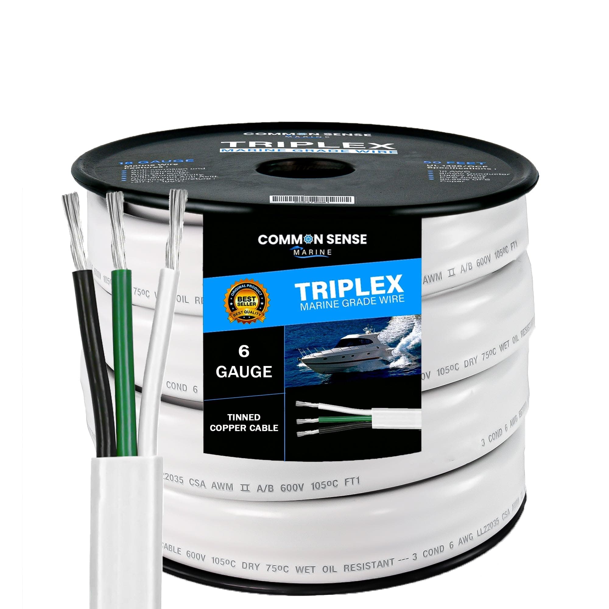 6/3 AWG UL 1426 (The Real Thing) Triplex Flat Marine Wire - Tinned Copper Boat Cable - 60 Feet - White PVC Jacket