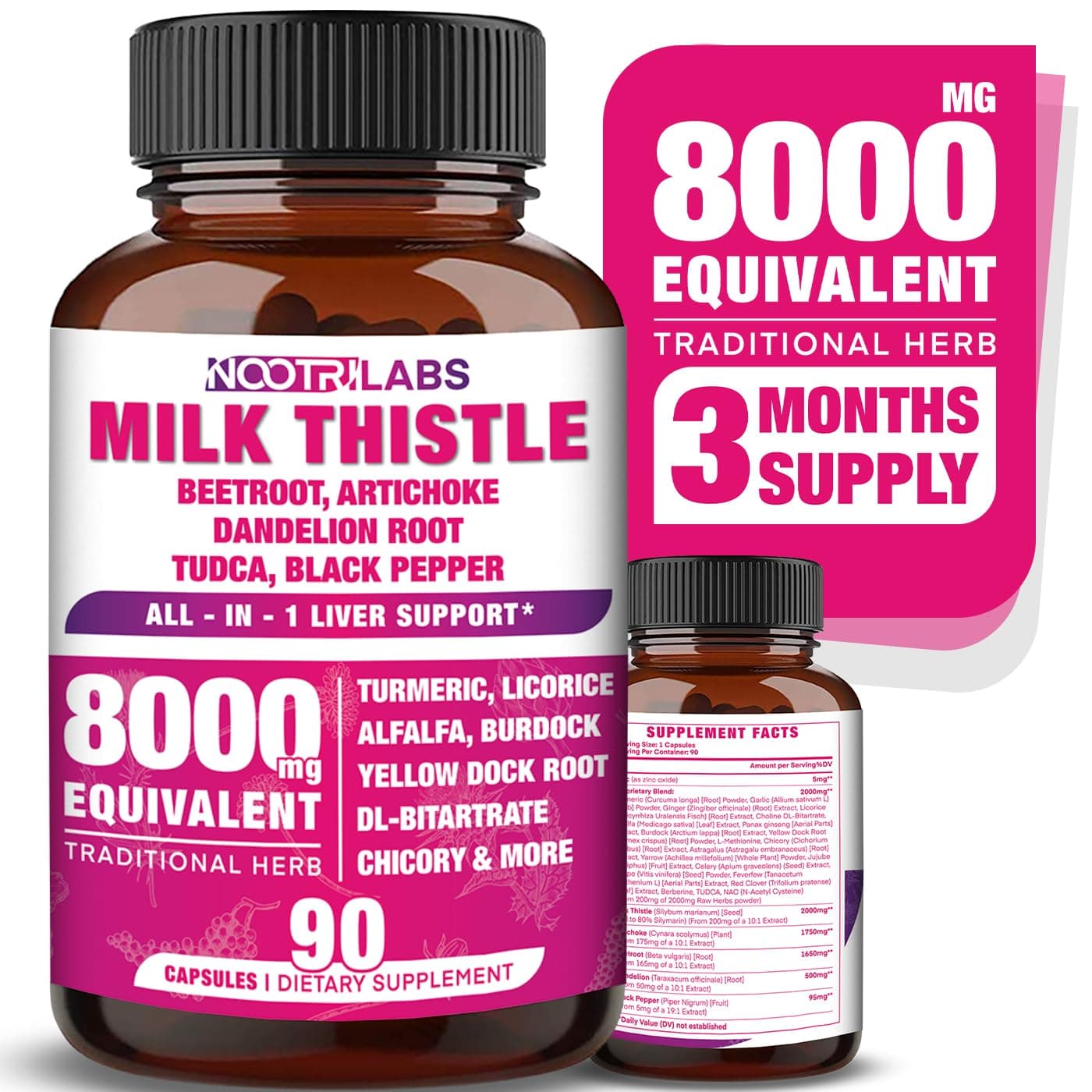 All-in-1 8000mg Highest Potency Milk Thistle NAC BeetRoot Artichoke Dandelion Root - Liver Health Support, Cleanse Detox & Repair, Antioxidant, Plus TUDCA Choline and Ginger - 90 Vegan Capsules