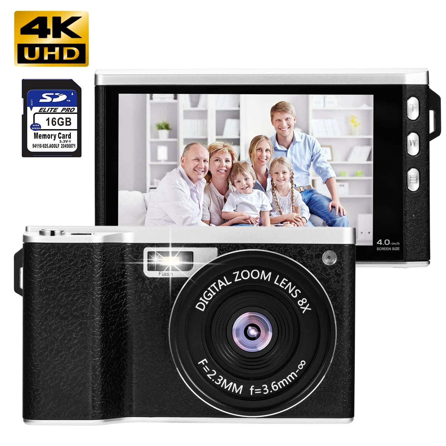 24MP Digital Camera 4K Mini Point and Shoot 8X Zoom Camera 4.0Inches Touch Enable Anti-Shake HD Vlogging Video Camera for Youtube with Wide Angle Lens 16GB SD Card for Adults Outdoor Black