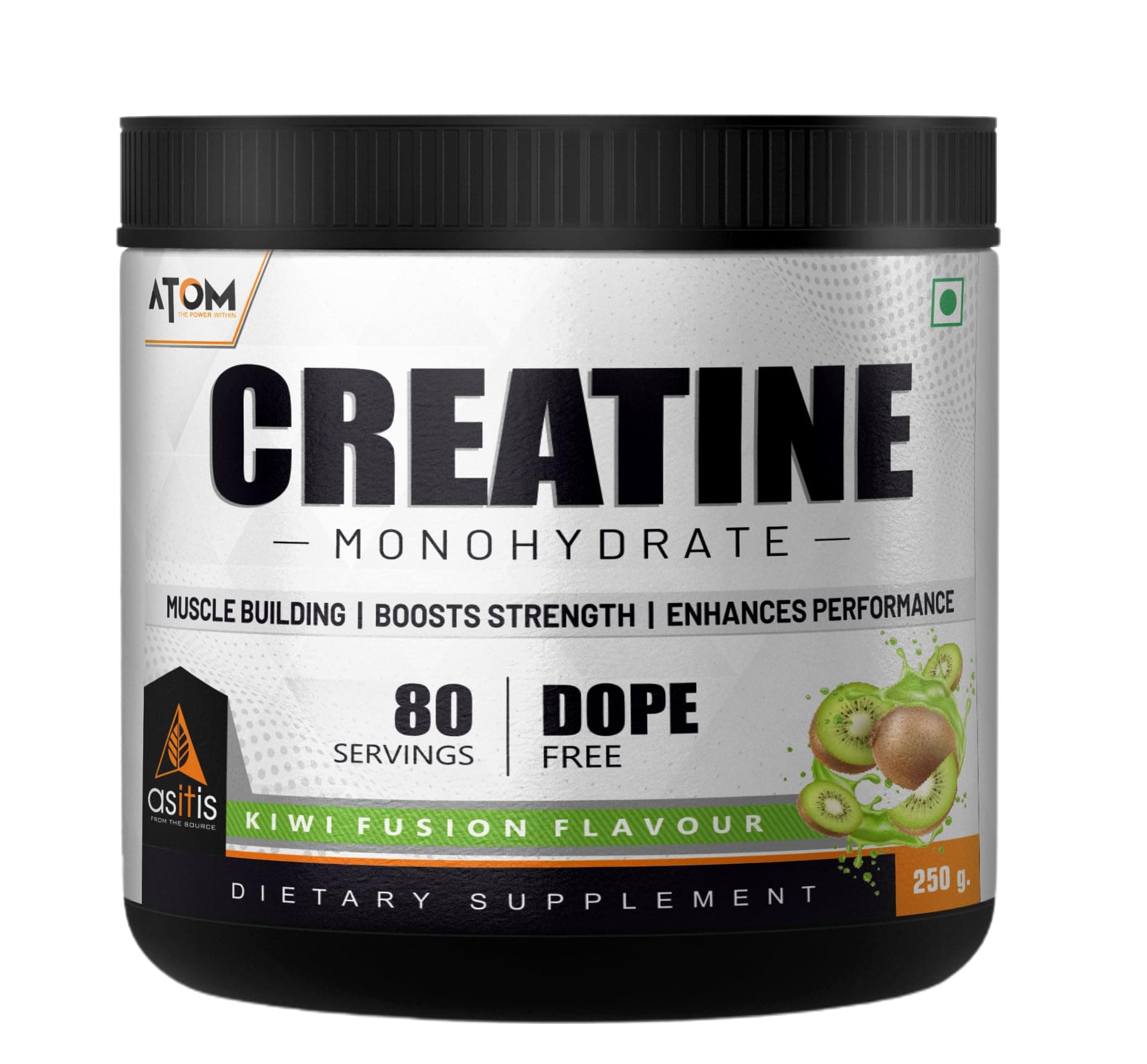 AS-IT-IS ATOM Creatine Monohydrate 250g - 80 Servings | Dope Free | Enhances Performance | Promotes Muscle Gains | Kiwi Fusion Flavour