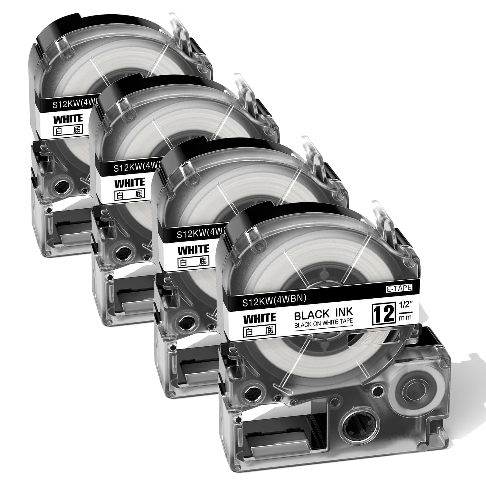 Label KINGDOM Replace for Epson Label Maker Tape LC-4WBN LK-4WBN SS12KW 12mm 1/2" Label Tape Work for Epson LabelWorks LW-300 LW-400 LW-600P LW-700 LW-K200PX Label Maker,Black on White,4-Pack