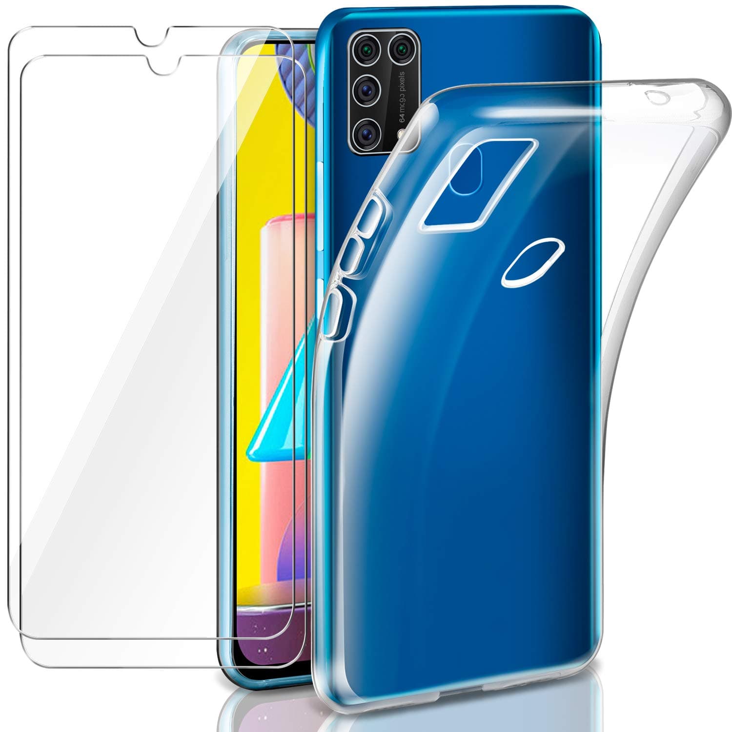 AROYI Case Compatible with Samsung Galaxy M31 Case Clear with 2 Tempered Glass Screen Protector, Transparent Silicone Phone Case Cover