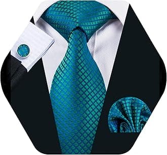 Silk Men Tie Set,Formal Business Wedding Neckties with Handkerchief Cufflink Plaid Check