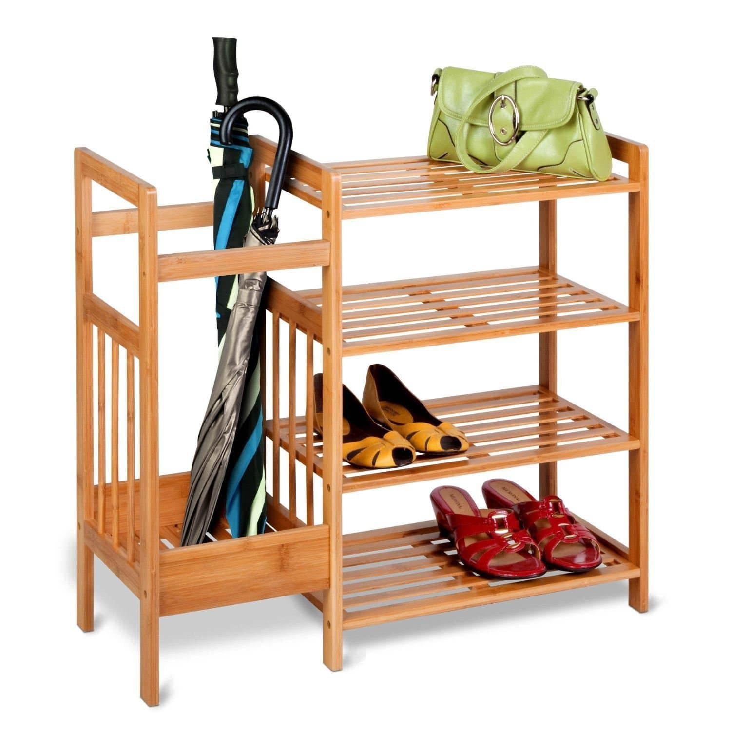 Top Home Solutions 4 Tier Bamboo Entryway Shoe Storage Rack Hallway Organiser & Umbrella Holder