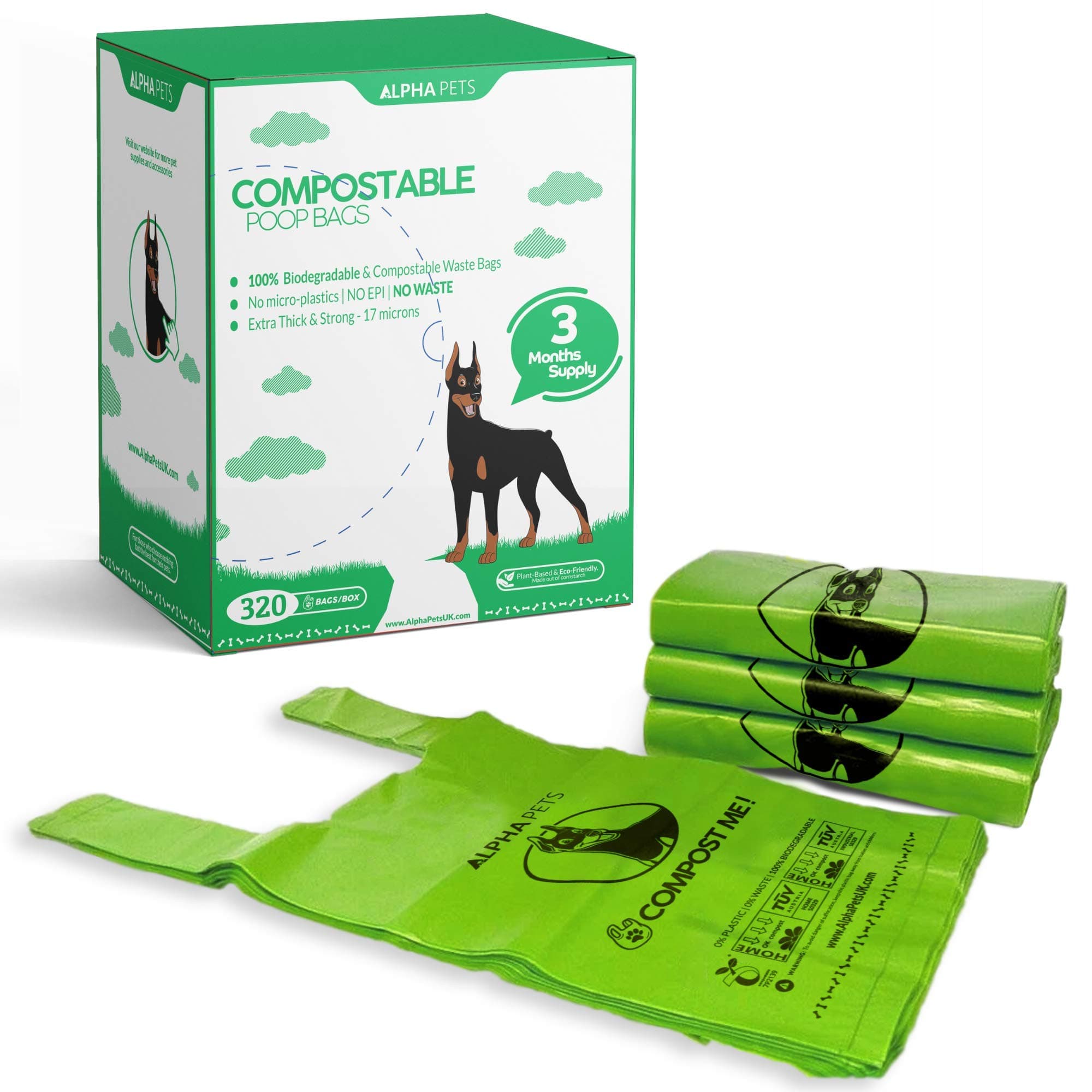 Compostable Dog Poo Bags With Easy-Tie Handles - 320 Medium-Large Biodegradable Cornstarch Pet Waste Bags - 3 Month Supply With Dispenser Box