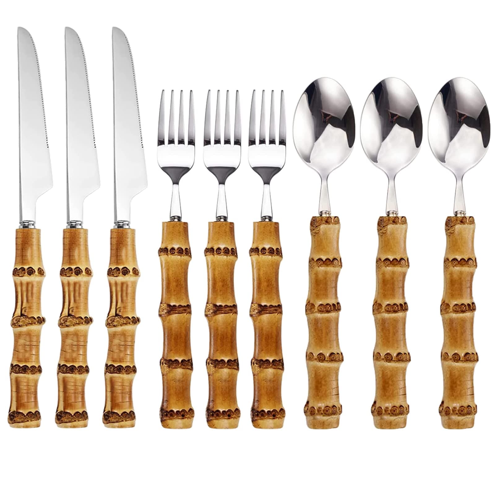 9 Pieces Stainless Steel Flatware Sets with Bamboo Handle for Home Party Wedding Daily Use Include Fork Spoon Knife Cutlery Set