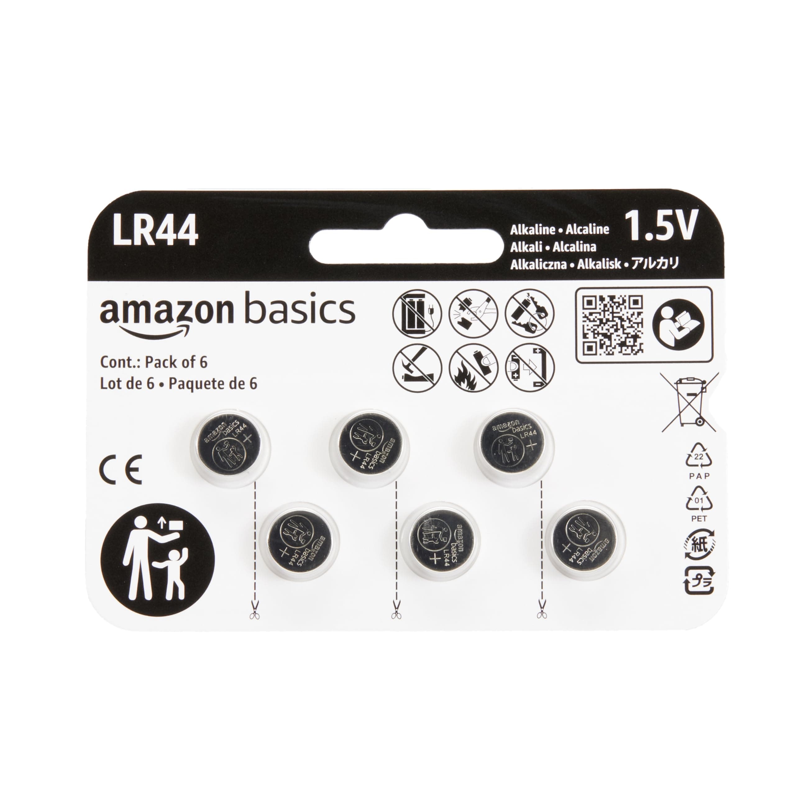 Amazon Basics 6-Pack LR44 Alkaline Button Coin Cell Battery, 1.5 Volt, Long Lasting Power, Mercury-Free,packaging may vary