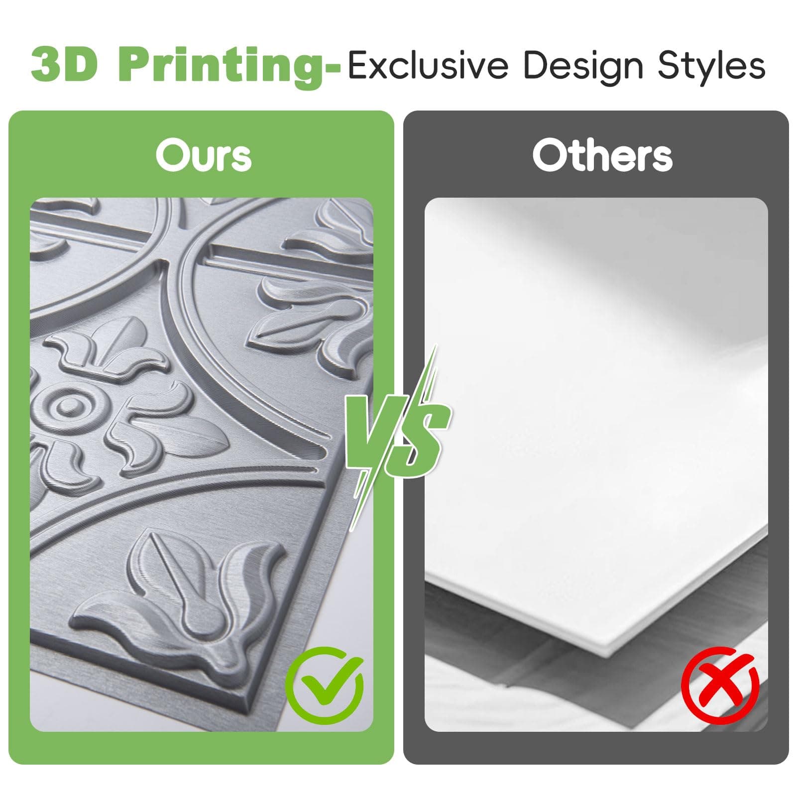 Art3d Drop Ceiling Tiles 2x2, Glue-up Ceiling Panel, Fancy Classic Style, Argent Silver