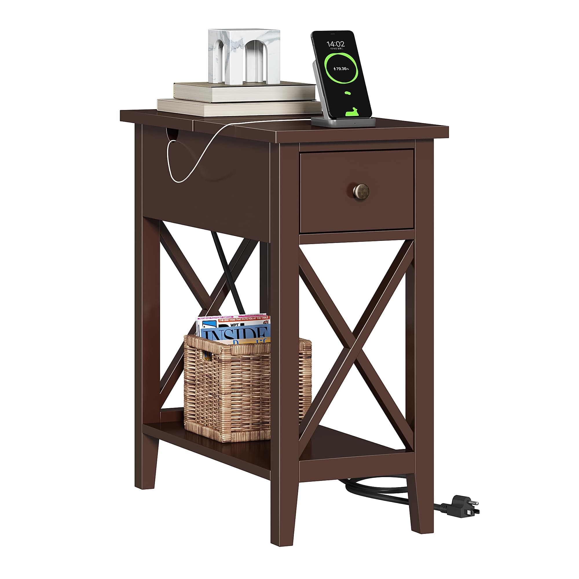 ChooChoo End Table with Charging Station, Narrow Side Table with USB Ports and Outlets, Nightstand with Drawer, for Small Spaces, Bedside Tables for Living Room, Espresso