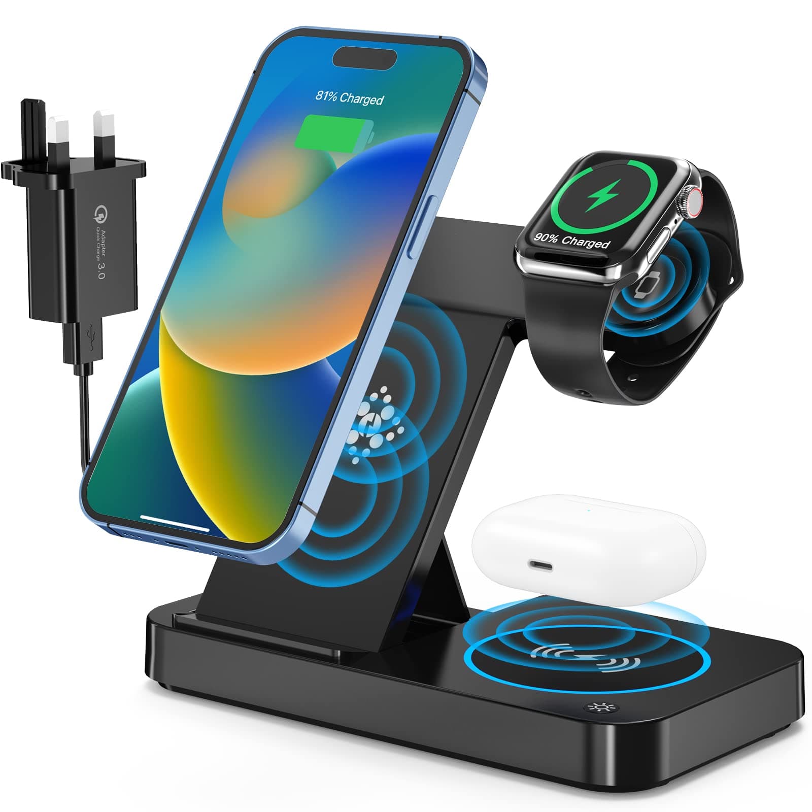 Foldable Wireless Charger,4 in 1 18W Fast Wireless Charging Stand for iPhone 14/13/12/11/XS/X/8 ,Samsung Galaxy S23/S22/Note Series,Airpod Pro/3/2,iWatch Series