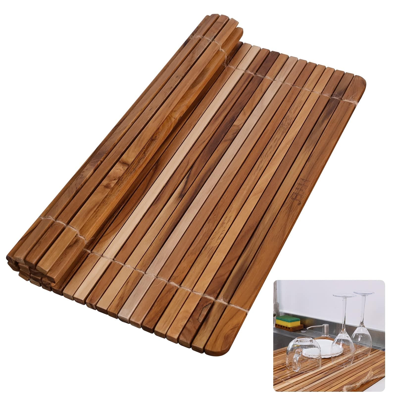 HTB Over Sink Dish Drying Rack 17.8'' x 16.1, Kitchen Teak Wood Roll Up for Dishes,Plates, Bowls, Wooden Cover Counter Space
