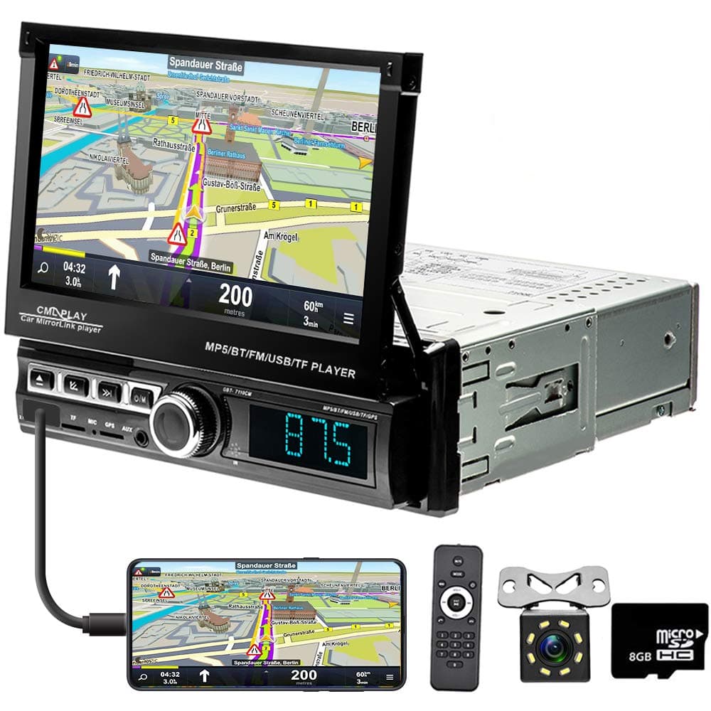 Car Stereo Single Din in Dash GPS Navigation 7 Inch Motorized Flip Out Touch Screen Bluetooth Car Radio Head Unit Car MP5 FM/USB/TF/AUX-in, Mirror Link, Remote Control + Rear View Camera 8G Map Card