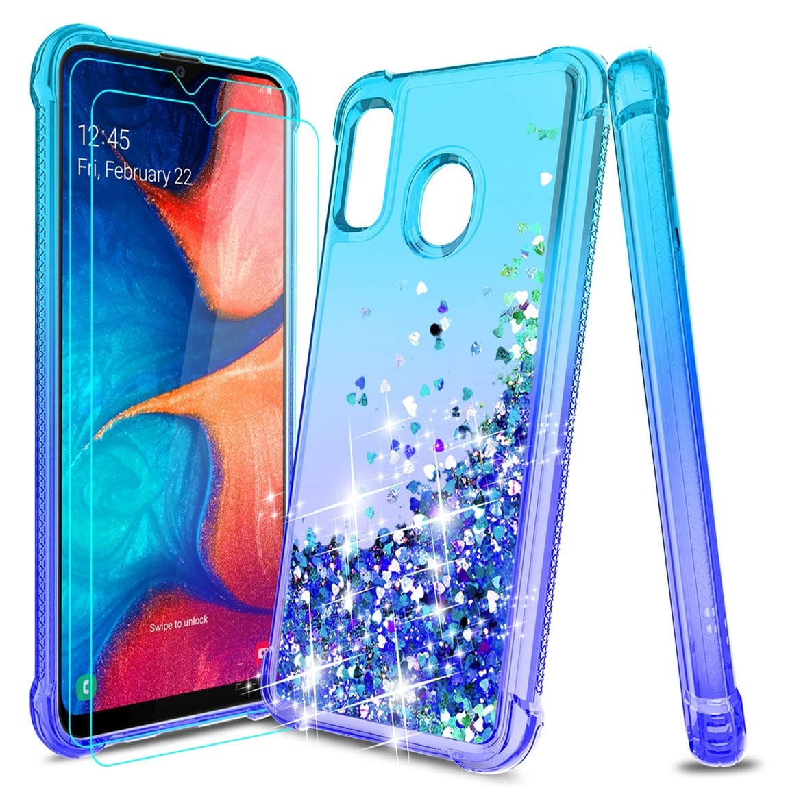 Tmacker Samsung Galaxy A20 Case,Galaxy A30/A20 Phone Case w/HD Screen Protector,TPU Glitter Liquid Quicksand Shockproof Protective Phone Cover for Girls Women-Teal/Bule