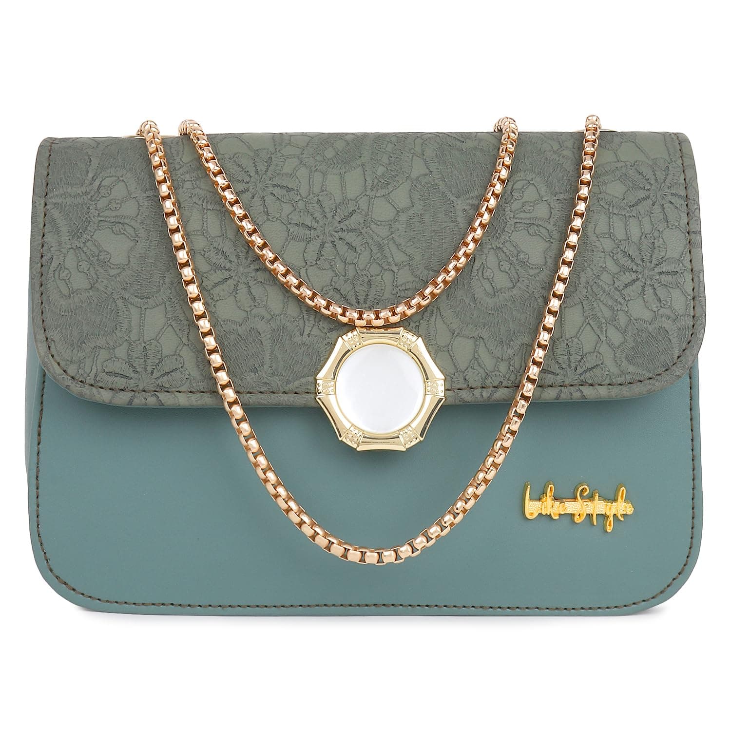 LIKE STYLEFloral Embossed PU Structured Sling Bag With Metallic Strap (DARK GREEN)