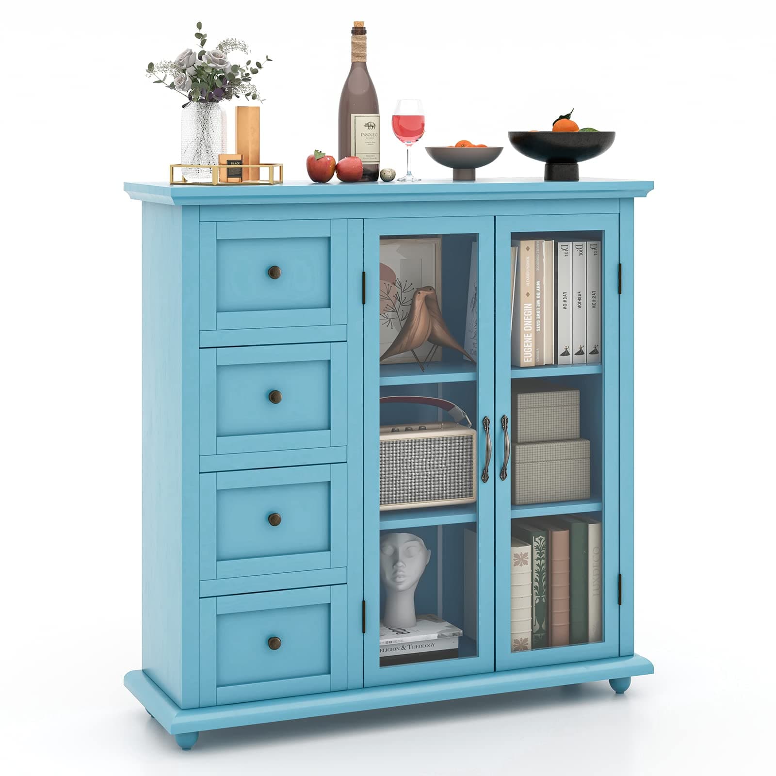 COSTWAY Modern Blue Buffet Sideboard, 36" x 12" x 36.5" (L x W x H), 4 Drawers, 2 Tempered Glass Doors, Kitchen Storage Cabinet, Dining Room, Living Room