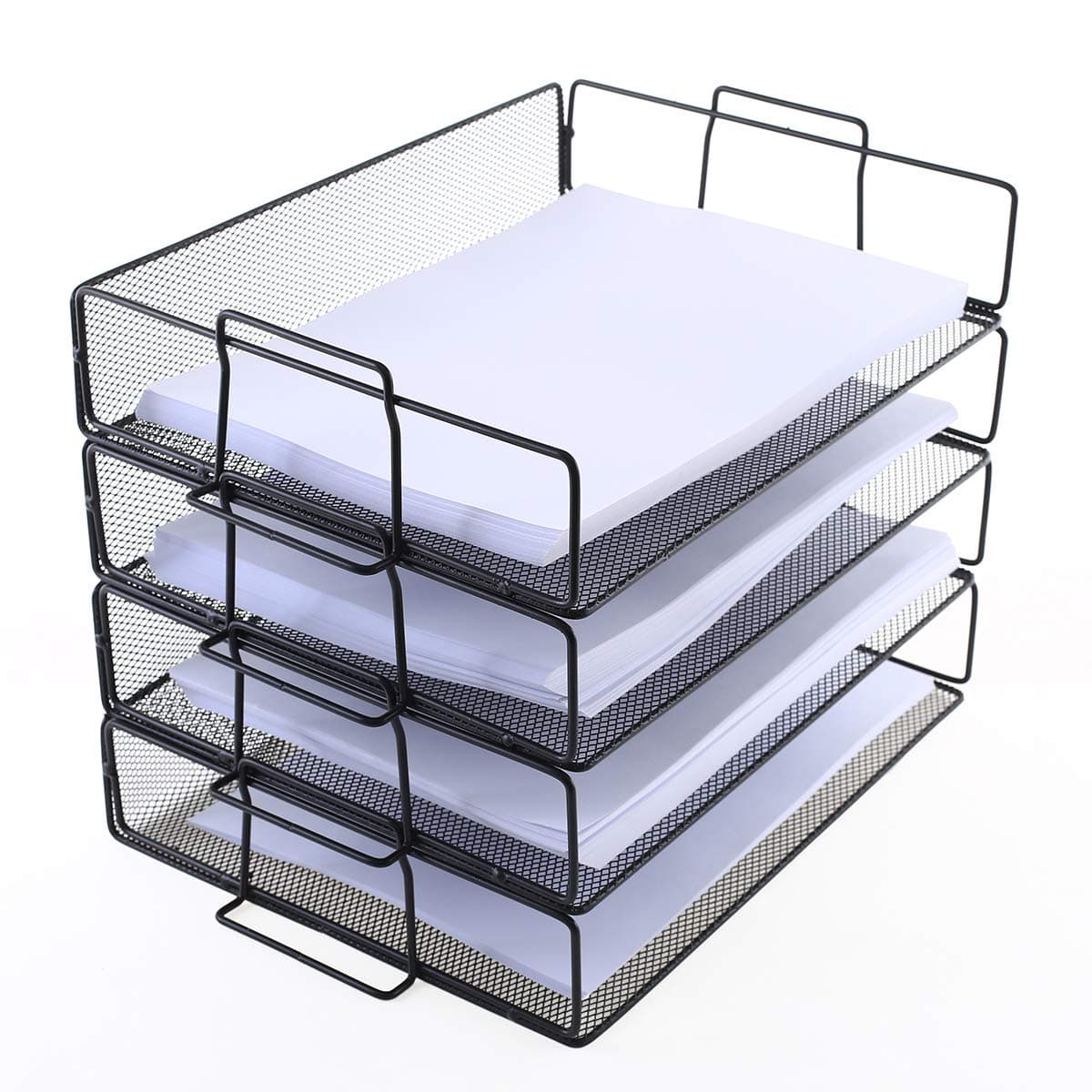 4 Tier Stackable Paper Tray - Metal Mesh Office File Organizer for Desk Printer Letter Teacher Paper Black Color by DeElf