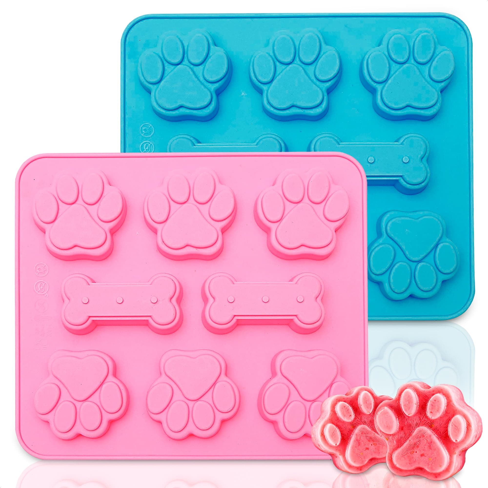 Paw and Bone Mold Silicone Molds for Baking - 2Pcs Dog Treat Molds Puppy Paw Mold Ice Cubes Chocolate Molds for Candy Crayons Ice Cube Mold - Blue and Pink Dog Bone Cake Pan Paw Molds for Dog Treats