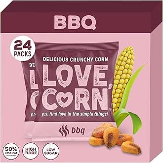 LOVE CORN Barbecue (BBQ) Crunchy Corn Snack | 24 x 20g Bags | Kosher, Vegan, Gluten-Free | Simple Ingredients, Low Calorie, Low Sugar | Great For Lunchbox & On The Go | Perfect Healthy Graze | UK Made