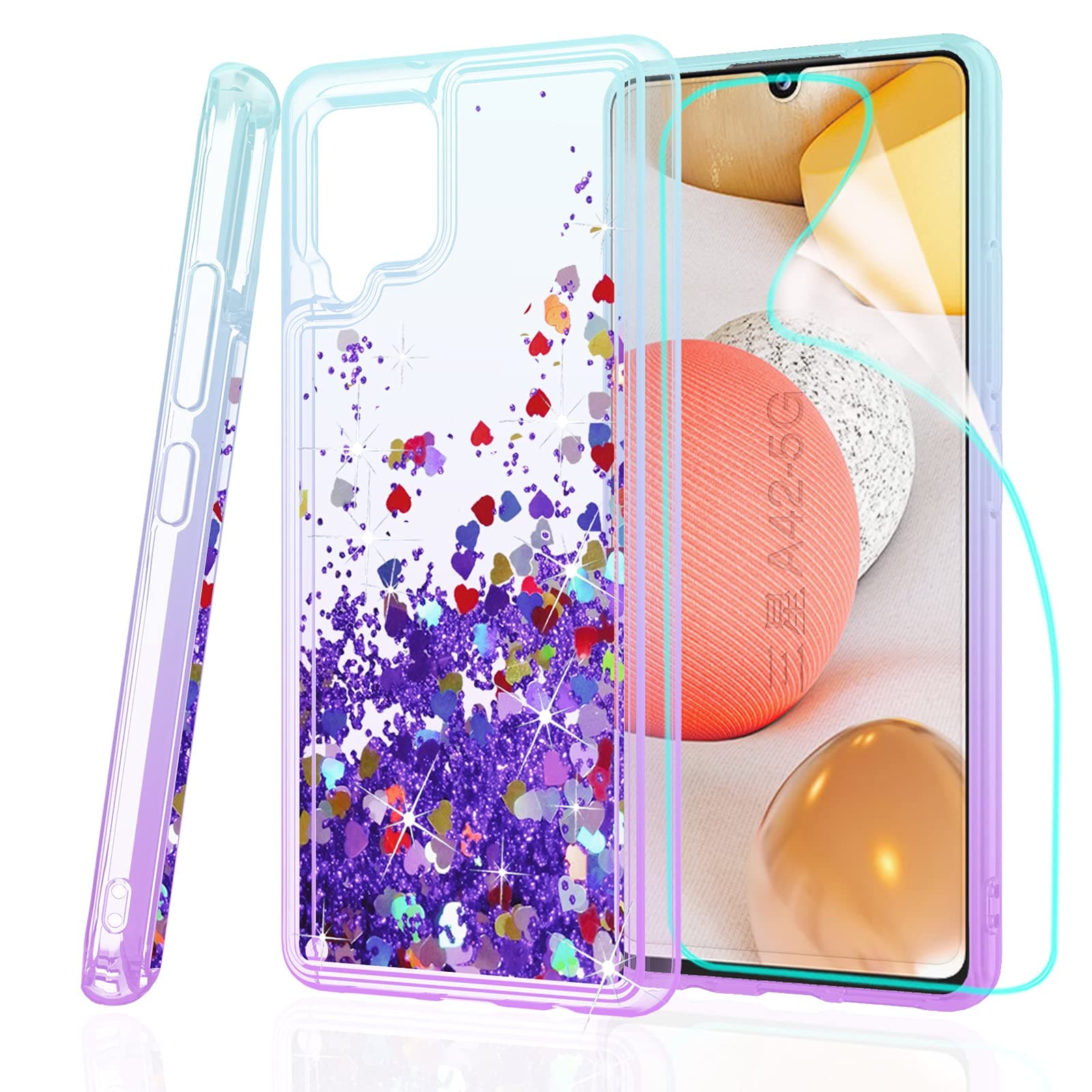 ZingCon Compatible for Samsung Galaxy A42 5G Phone Case,[HD Screen Protector] Heavy Duty Shockproof Glitter Waterfall Quicksand Protective Case for Galaxy A42-Lake/Purple