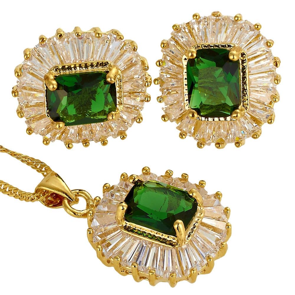 Jewellery Set Pendant with 18" Chain & Stud Earrings Rectangular Cut Gemstones CZ [5 Colours Available] in 18K Yellow Gold Plated, Simple Modern Elegance