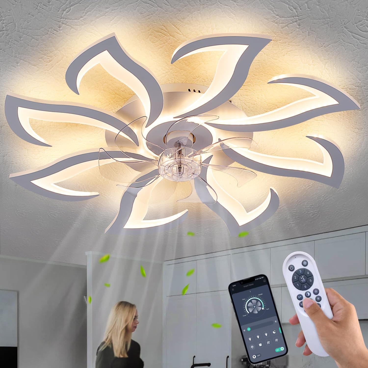 Modern Ceiling Fan with Lights Remote Control, 32" White Flush Mount Ceiling Fan with Light, 6 Speeds 3 Light Color Low Profile Ceiling Fan for Kitchen Bedroom