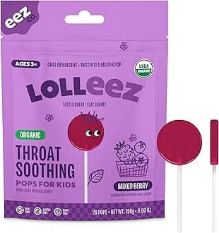Lolleez Organic Lollipops for Kids Sore Throat Relief, Mixed Berry Perfect for Soothing A Sore Throat While Tasting Great, Mixed Berry Flavor, 28 Count