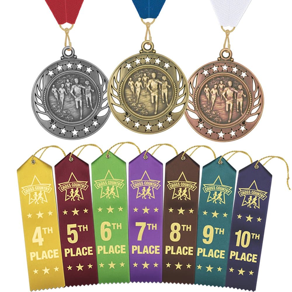 RibbonsNowCross Country Awards Ultimate Bundle - Includes (2 Each) Gold - Silver - Bronze Medals with Neck Ribbons and (2 Each) 4th Place - 10th Place Ribbons with Card & String