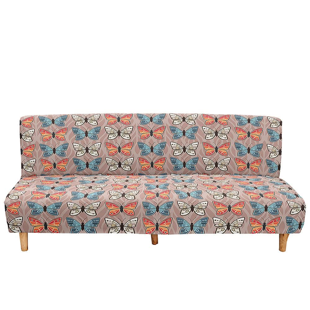 Mateju Armless Sofa Bed Cover, Butterfly Pattern Folding Sofa Bed without Armrests, Non Slip Stretch Futon Slipcover Protector for 2-3 Seater, Washable Couch Bed Slipcovers (Light Brown,160-190cm)