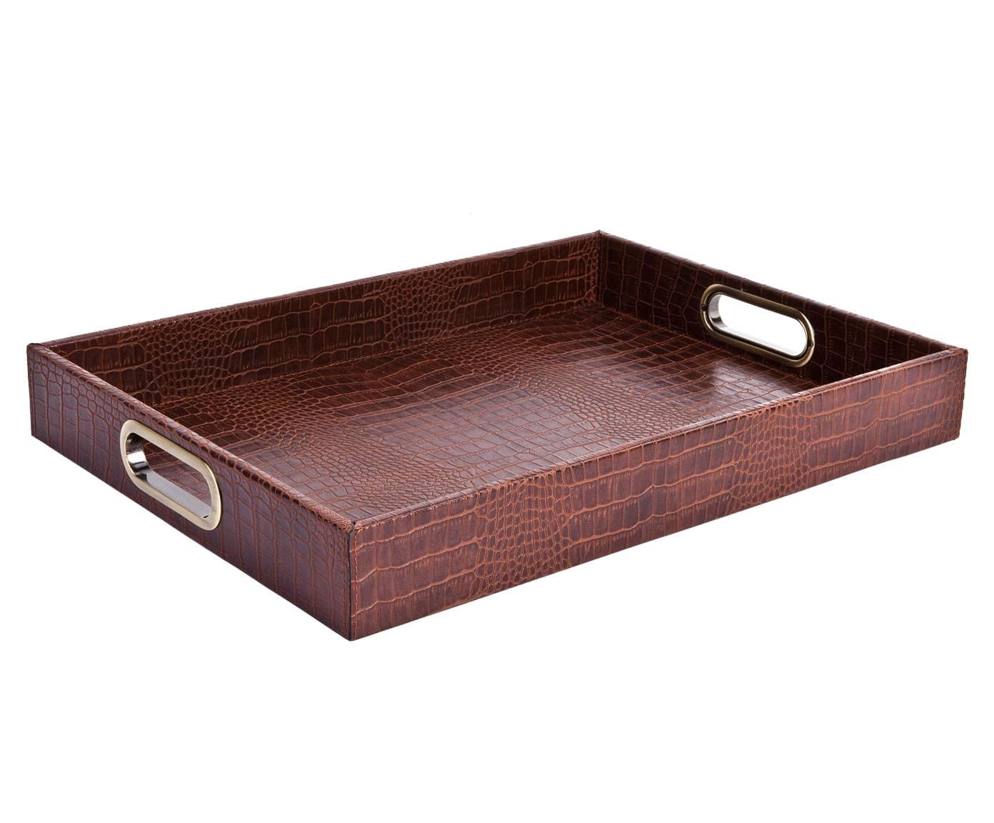 SIGNATURE HOME COLLECTION AP-147-A01-M Rectangular Tray Leather Crocodile Print with Brass Handles Can be Wiped Height 6 cm 45 x 33 cm Light Brown