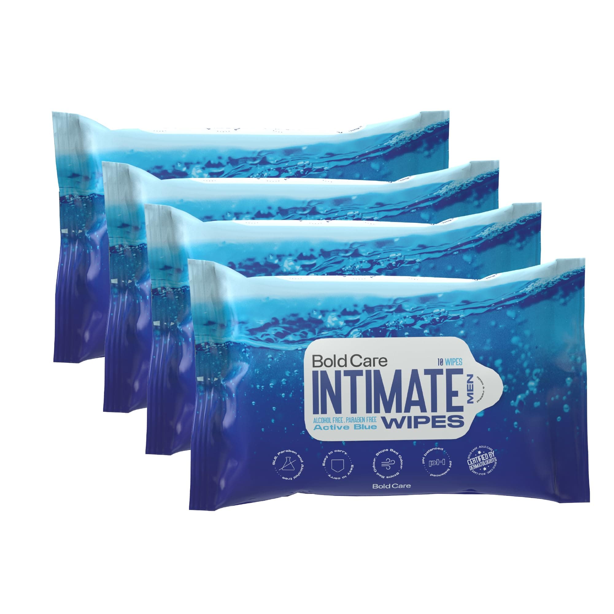 Bold Care Active Blue Intimate Cleansing Wipes For Men (40 Wipes) | pH Balanced | Skin Friendly for Intimate Hygiene | Alcohol Free Biodegradable Wipes | Travel-Friendly Wet Wipes | Pack of 4