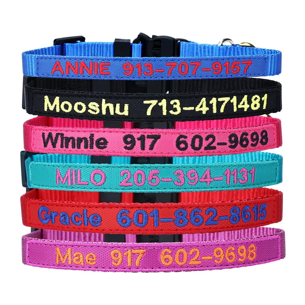 - Personalized Nylon Cat Collar Breakaway with Bell - Custom Embroidered Text ID Collars with Pet Name and Phone Number