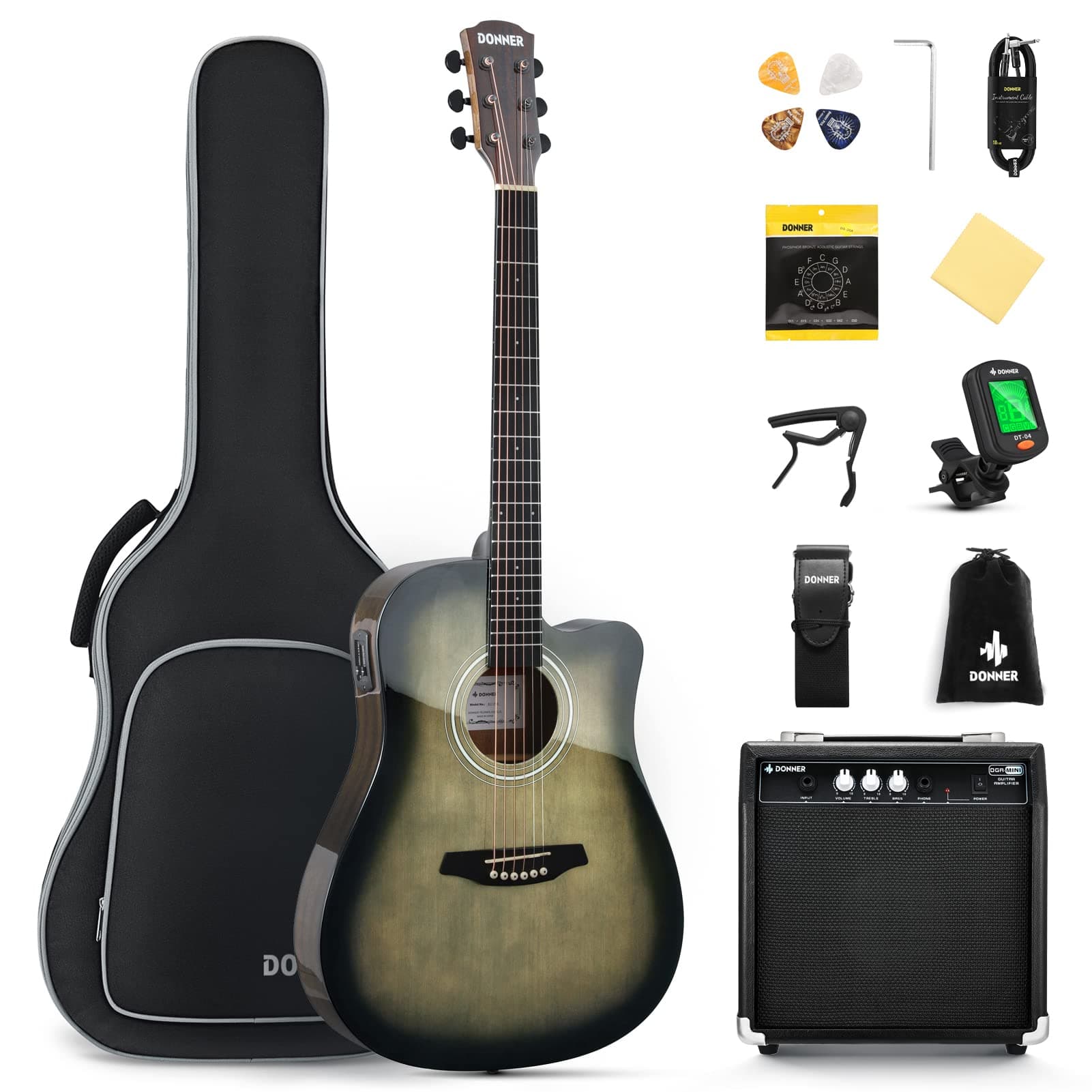 Acoustic Electric Guitar Full Size Kit for Beginner Intermediate with Amplifier Capo Pick Tuner Strings Strap - 41 Inch