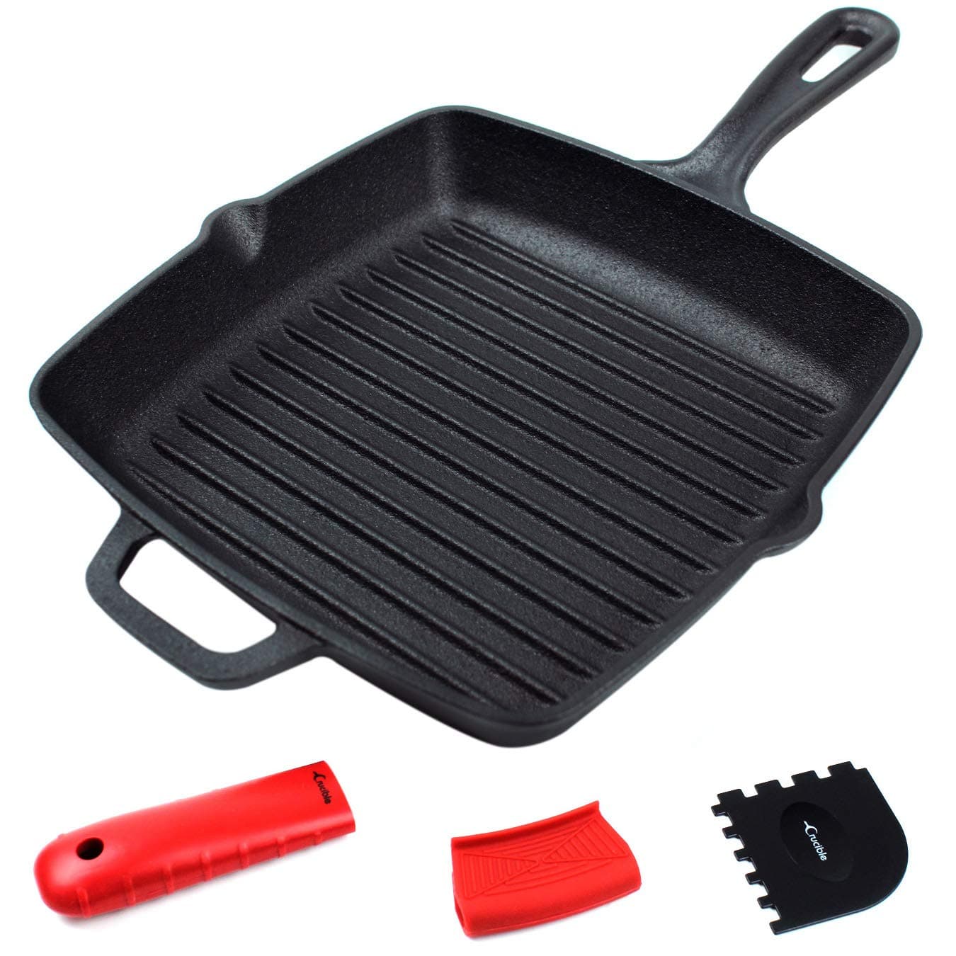 Cast Iron Grill Pan with Extra Thick Silicone Hot Handle Holder, Assist Handle Holder, Grill Scraper