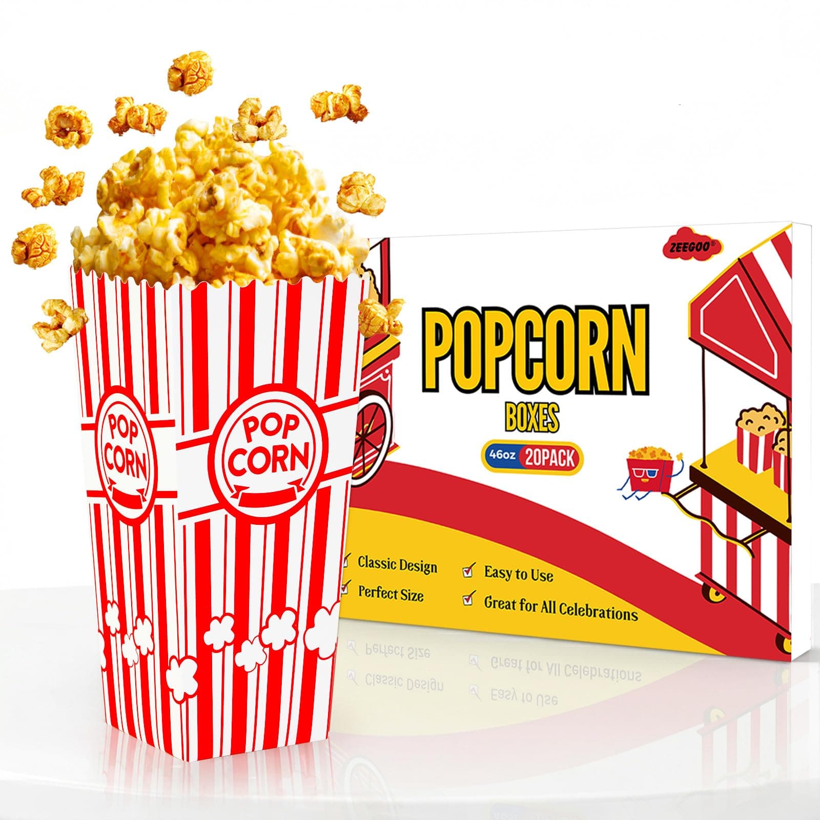 - ZEEGOO Popcorn Boxes, 20 Pack 46oz Large Capacity Popcorn Bucket, Sturdy Grease-Resistant Paper, Fast Assembly, Movie Night Supplies for Kids Birthday Party, School Fundraisers, Church Events