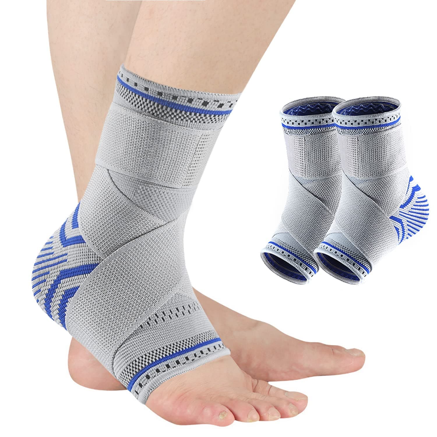Ankle Brace Compression Sleeve, Adjustable Ankle Support for Men & Women, Breathable Ankle Sleeve w/Ankle Strap for Sprained Ankle, Swelling Relief Pain, Plantar Fasciitis, Achilles (2 Pack)