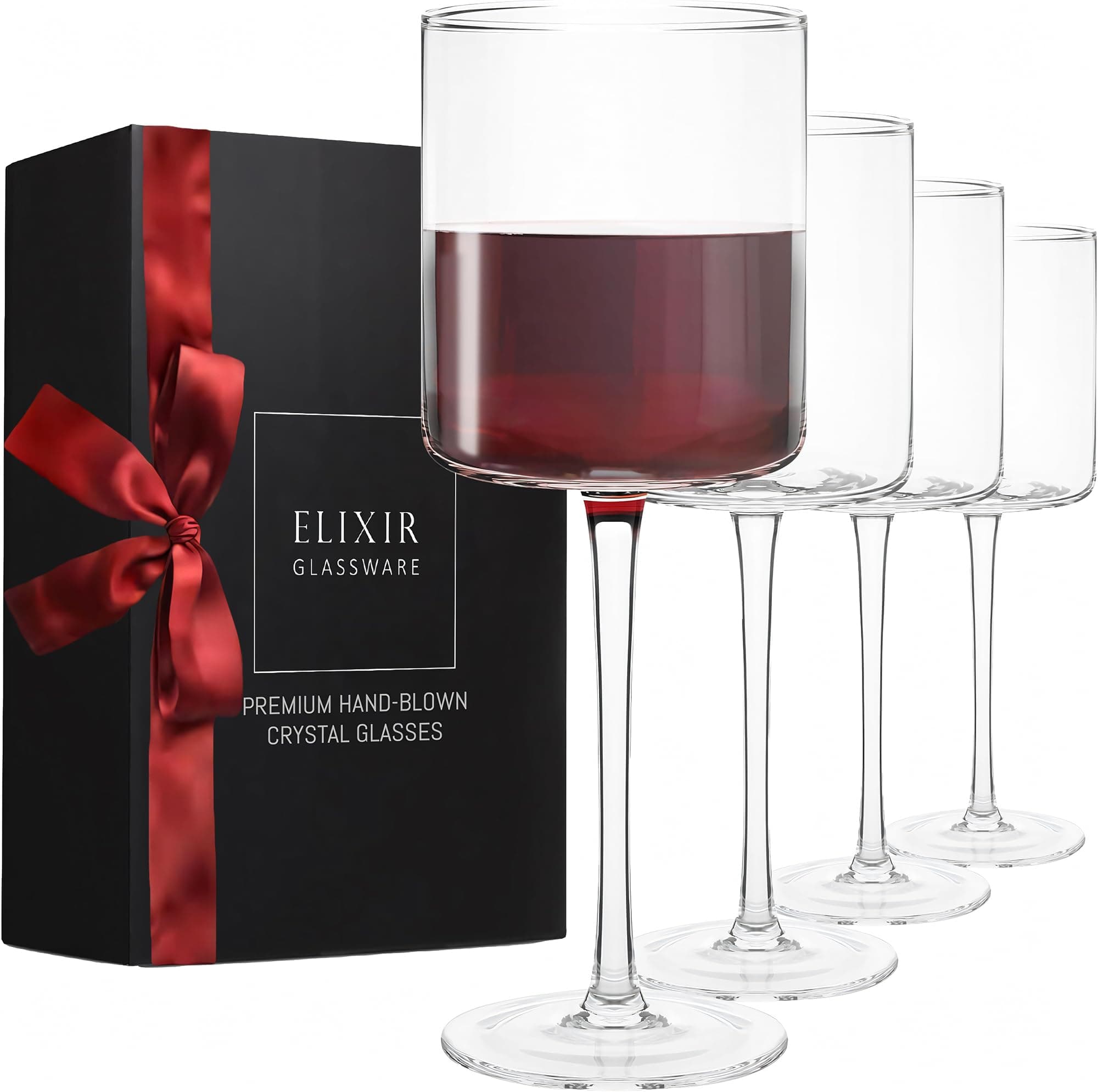 Elixir Glassware Square Red Wine Gl Set of 4 - Hand Blown Edge Wine Gl - Modern Flat Bottom Wine Gl - Unique Large Wine Gl with Stem For Cabernet, Pinot Noir, Burgundy, Bordeaux - 17oz Clear