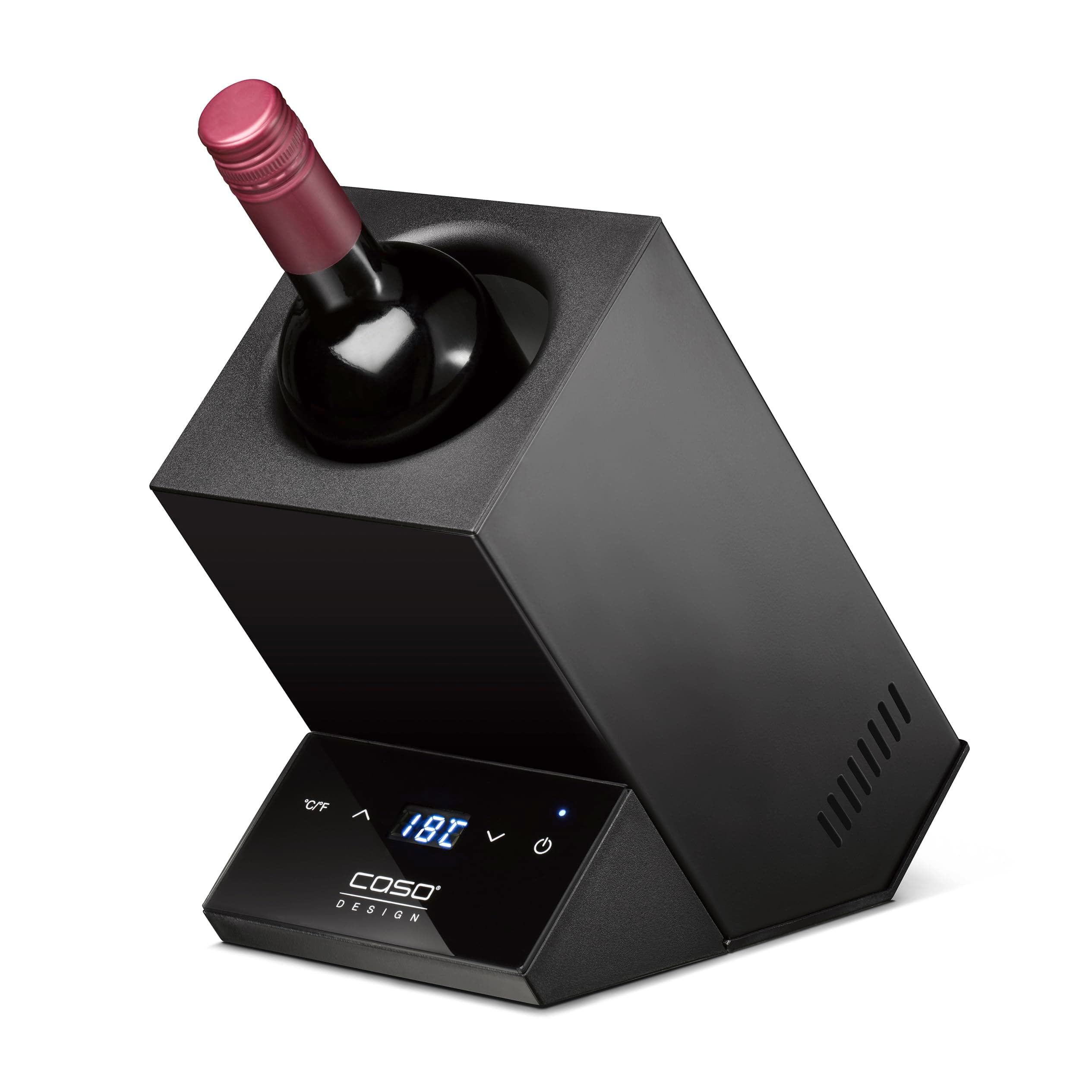 WineCase One Black - Design Wine Cooler for One Bottle, Temperature Range from 5-18°C, for Bottles up to 9 cm Diameter, Sensor Touch Operation, Black Stainless Steel Housing