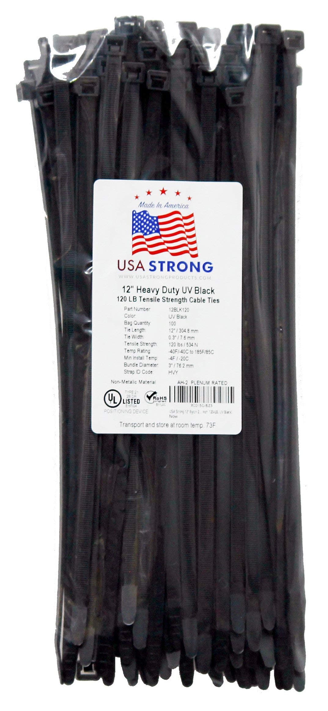 Heavy Duty Cable Zip Ties. Durable strong nylon tie wraps, 120 LB Tensile Strength (12 Inch 100 Pack, UV Black)