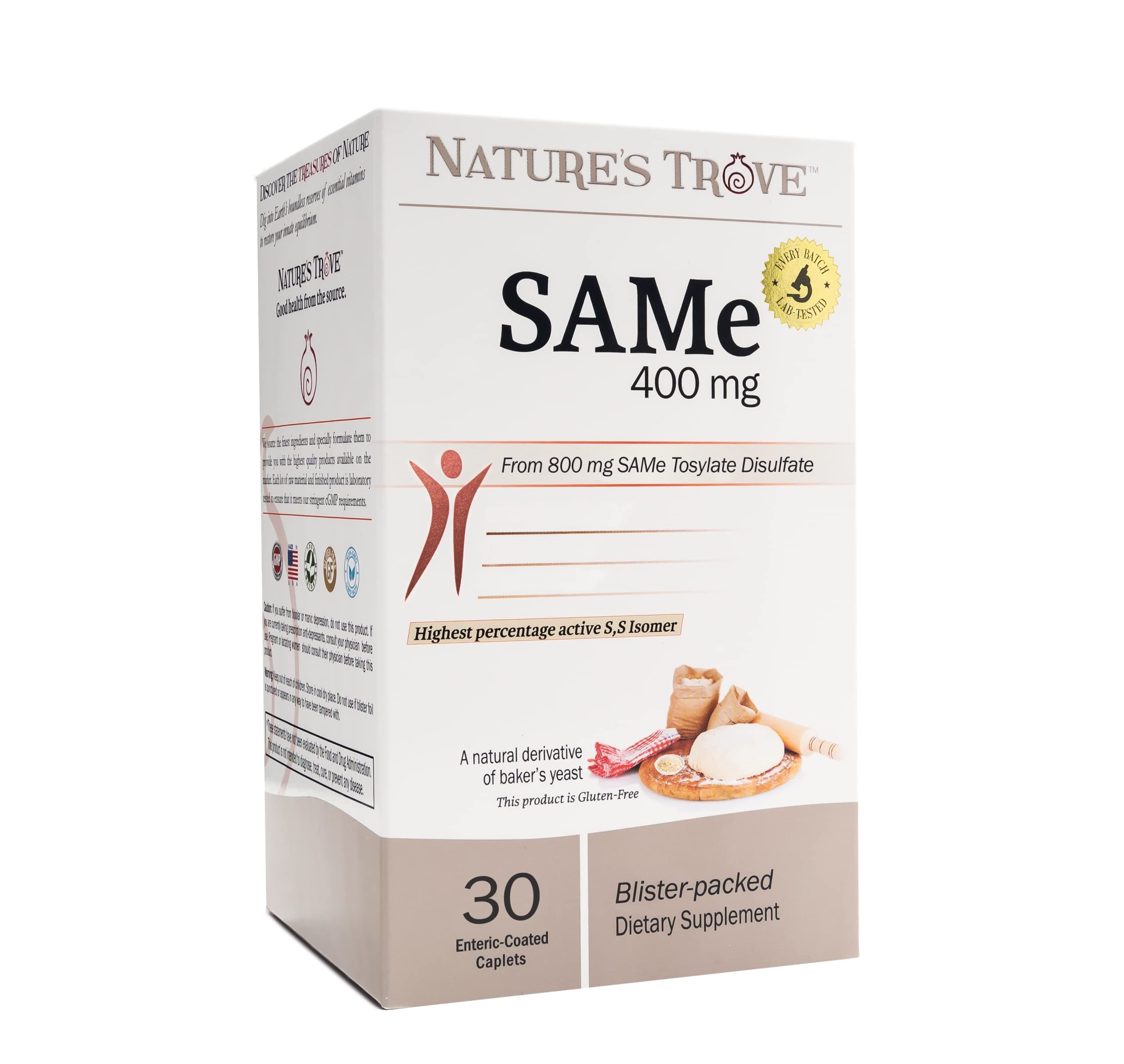 SAM-e 400mg 30 Enteric Coated Caplets. Vegan, Kosher, Non-GMO, Soy Free, Gluten Free - Mood and Joint Support - Cold Form Blister Packed.