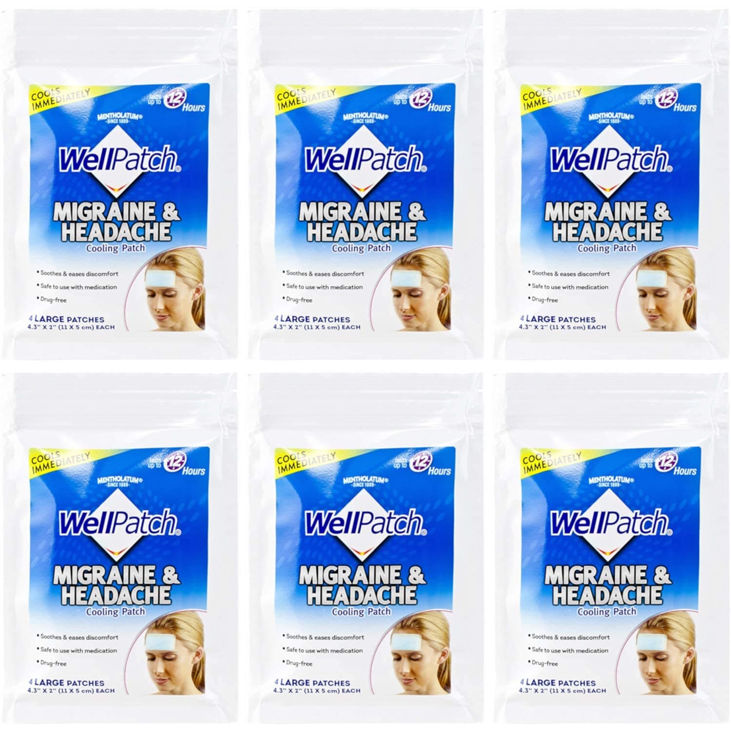 WellPatch Cooling Headache Pads, Migraine 4 Pads in a Pack. (Pack of 6)= 24pads