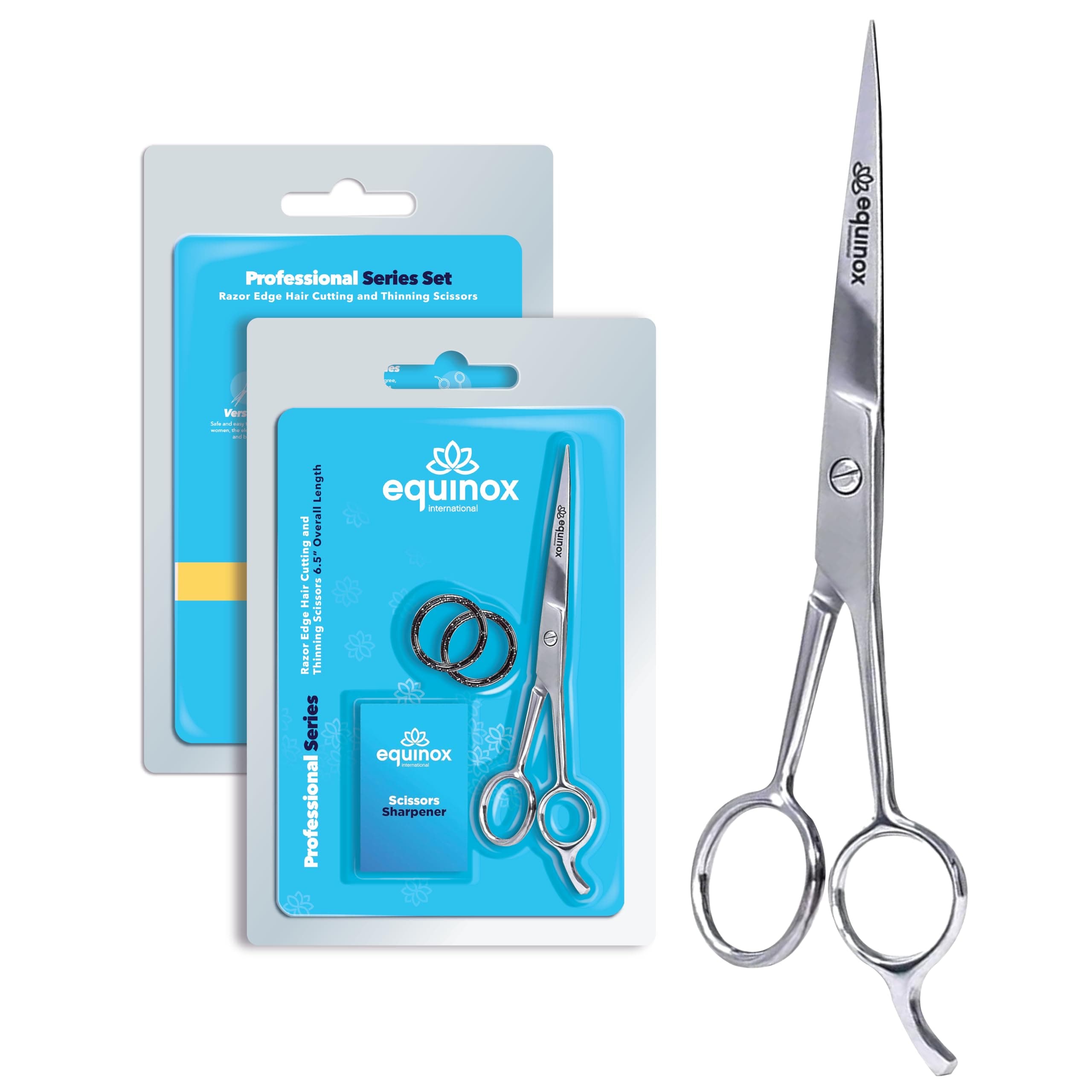 Equinox International Professional Shears with Finger Rest and Finger Inserts - Ice Tempered Barber Hair Cutting Scissors - 6.5 Inches - Stainless Steel Rust Resistant Hair Scissors
