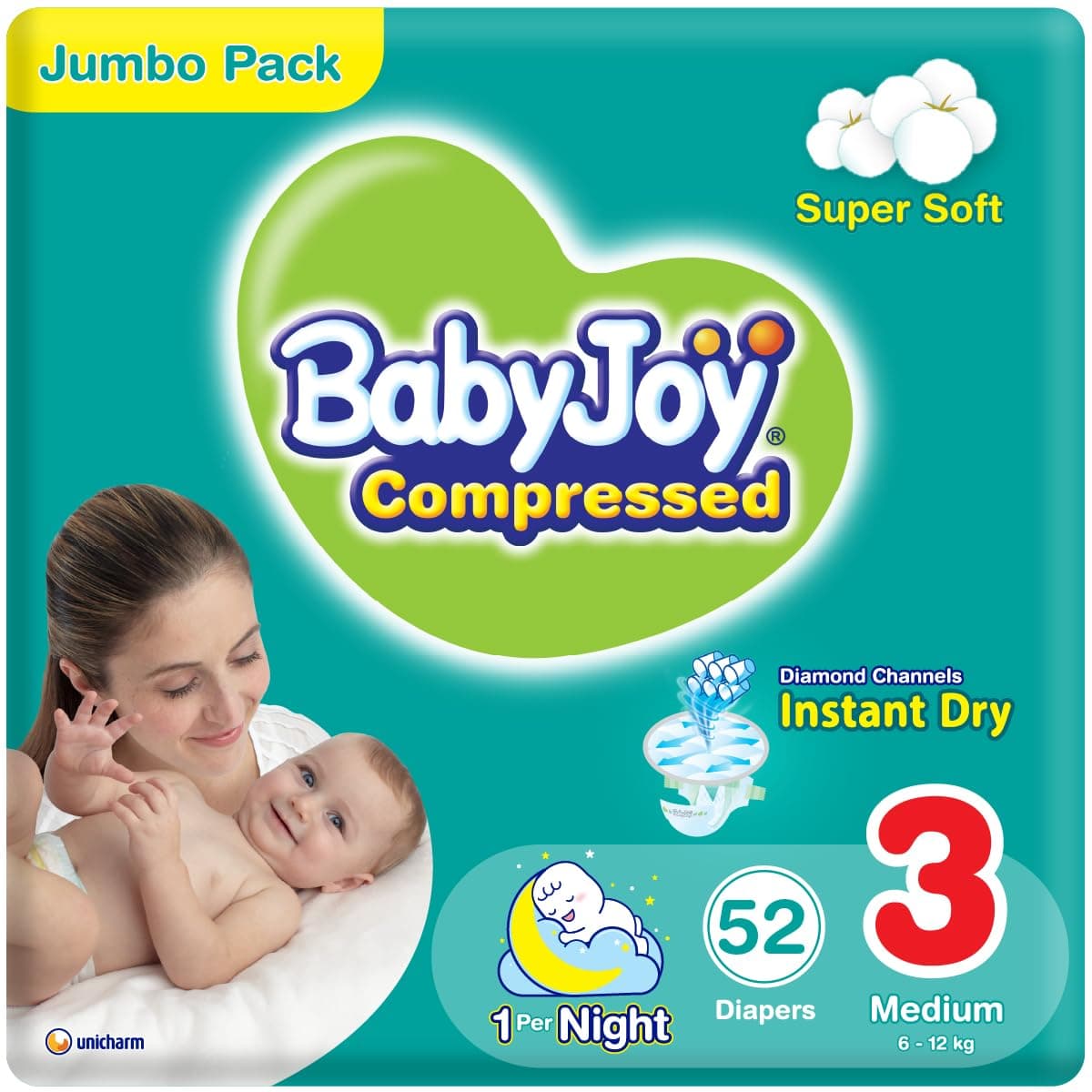 Babyjoy Compressed Diamond Pad Diaper, Jumbo Pack Medium Size 3, Count 52, 6-12 Kg