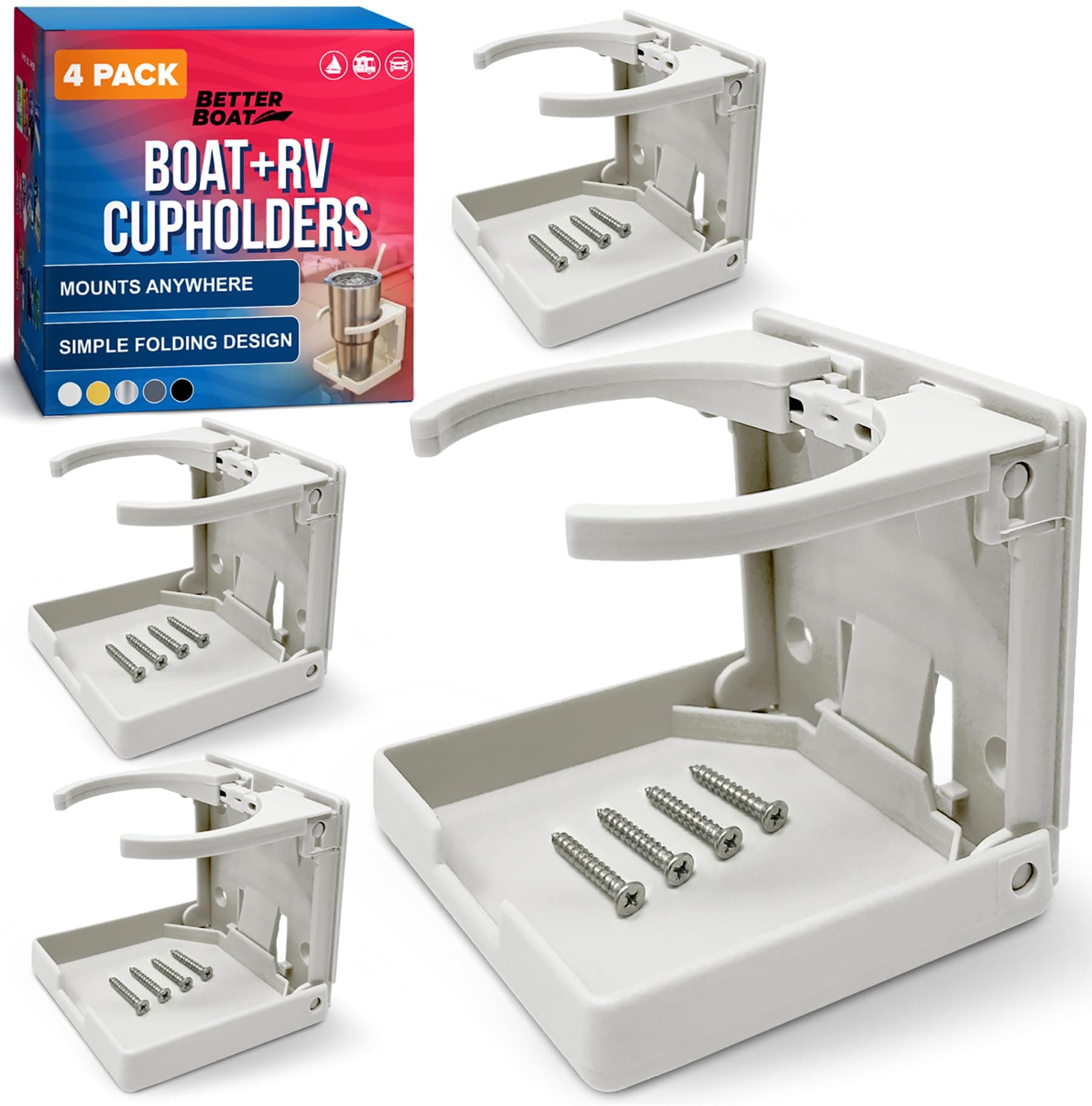 Boat Cup Holder 4 Pack Folding Drink Holders Wall Mount for Boat RV Pontoon Motorhome, Weather Resistant White Marine Cup Holders - Better Boat