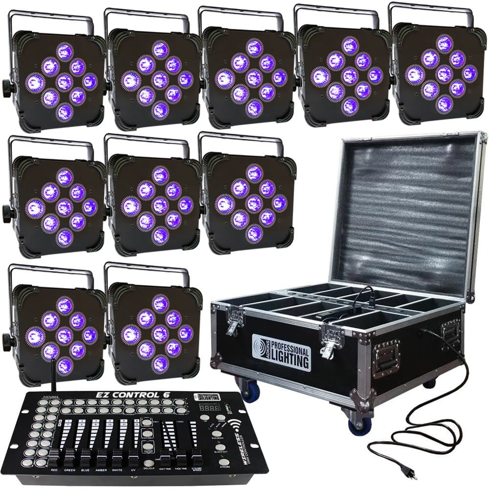 LED Battery Powered Wireless DMX - 16 Hour - 10 Lights w/Case - 9x6W RGBAW+UV - w/ Easy Controller - Wedding Up Lights