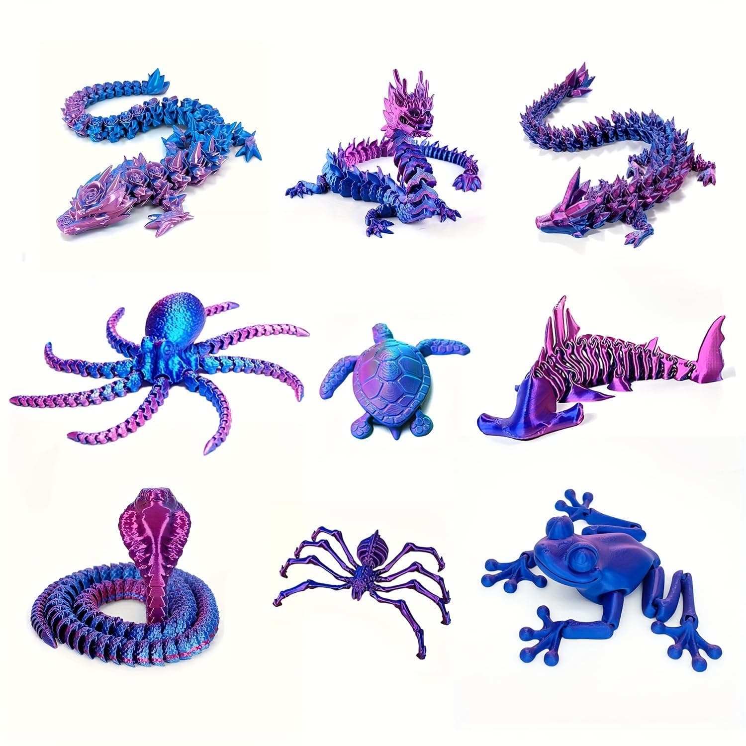 9PCS 3D Printed Dragon Figure Collection (9Pcs-Red+Blue)