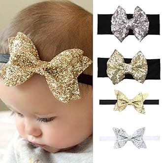 4Pack Baby Girl Sparkling Hair Accessories Black Gold Sequin Bow Baby Girl Headbands Elastic Gold Silver Infant Baby Headbands Birthday New Year Party Headwear Set