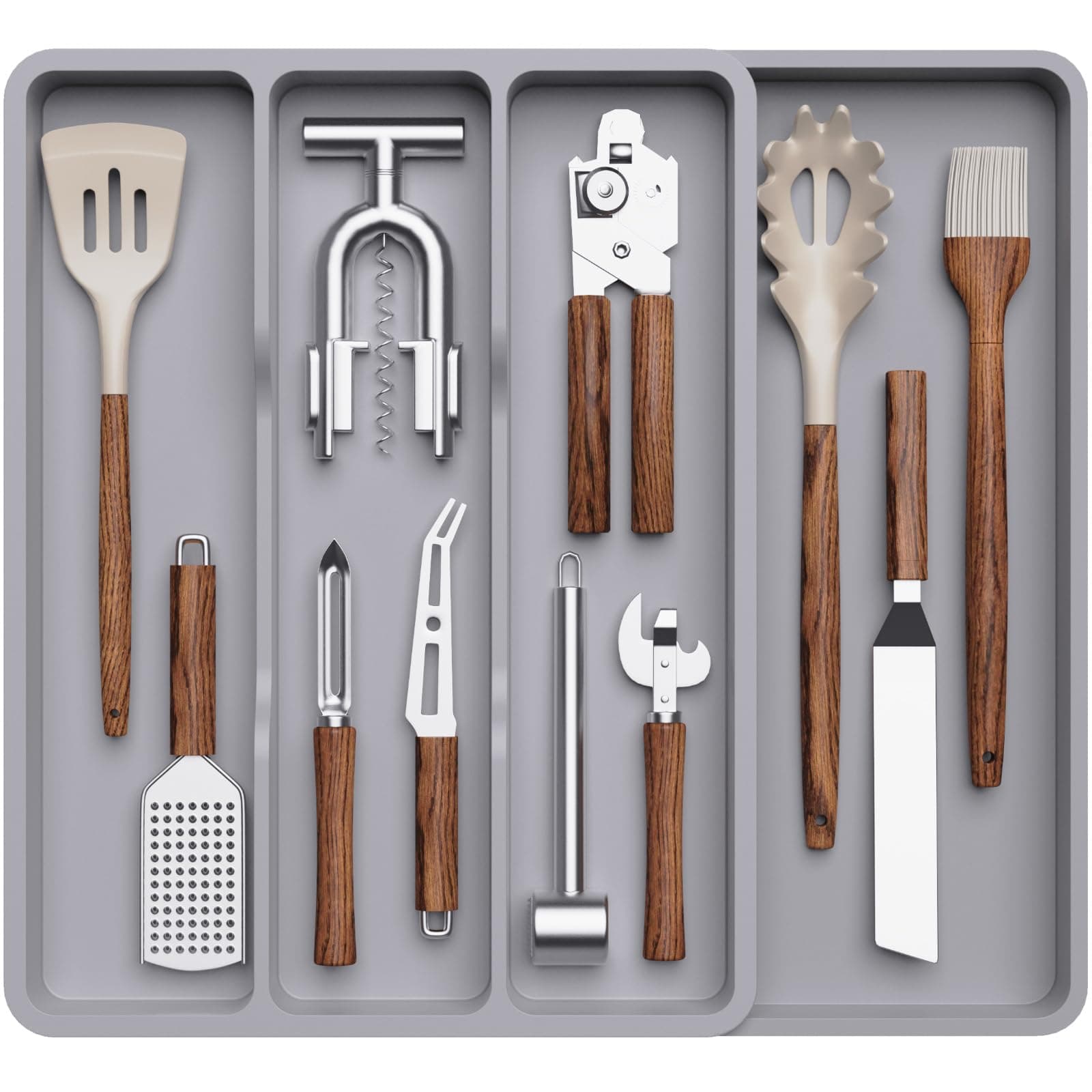 Lifewit Utensil Organizer for Kitchen Drawer, Expandable Cooking Silverware Tray, Adjustable Cutlery Flatware Holder, Plastic Spatula Tools Storage Divider, 17.3 x 15.8", Gray